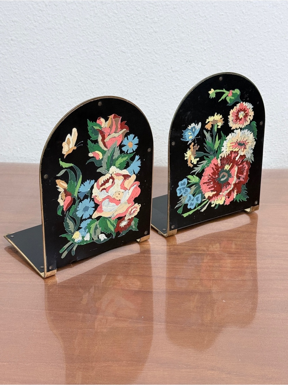 Vintage Black Metal Hand-painted Floral Distressed Tole Bookends